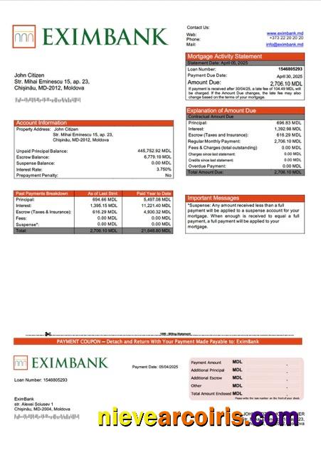 Moldova EximBank mortgage statement Word and PDF template